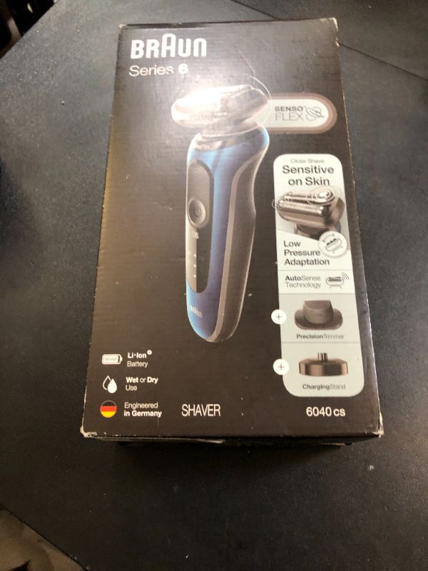 Photo 1 of Braun Series 6 6040cs Electric Shaver with Charging Stand, Precision Trimmer, Wet & Dry, Rechargeable, Cordless Foil Shaver, Blue