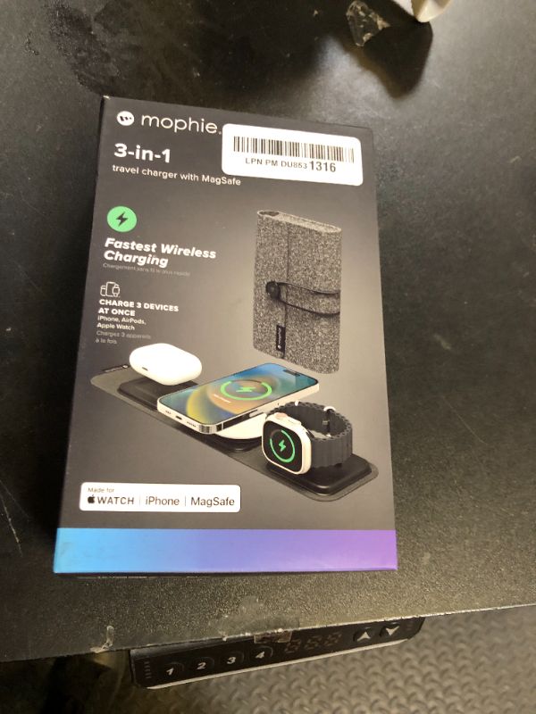Photo 1 of Mophie 3-in-1 Travel Charger with MagSafe - Portable Wireless Charging Hub, Compatible with Apple Devices, iPhone 16/15/14/13/12 Series, Apple Watch Series 10 to 1 & Ultra, AirPods Pro/3rd Gen, Black