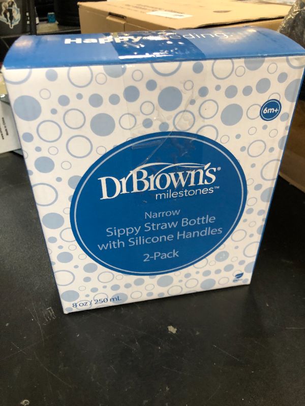 Photo 1 of Dr. Brown's Milestones Narrow Sippy Straw Bottle, Spill-Proof with 100% Silicone Handles and Weighted Straw, 8 oz/250 mL, Gray & Blue, 6m+