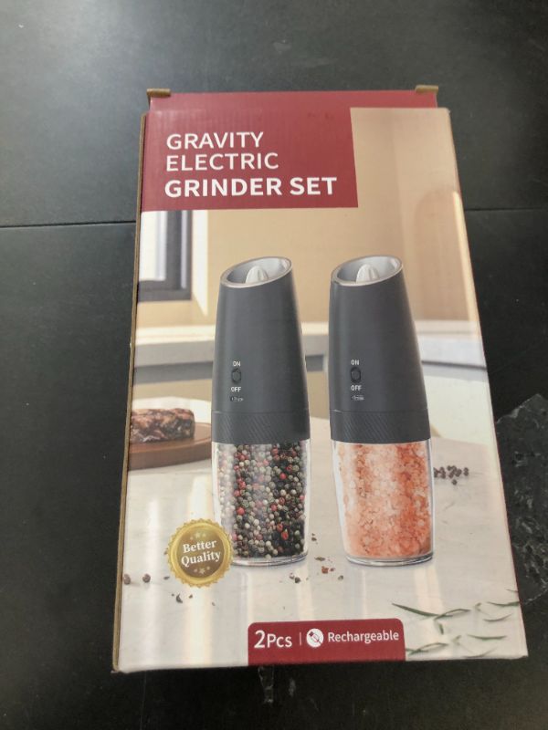 Photo 1 of Gravity Electric Pepper and Salt Grinder Set, Salt and Pepper Mill & Adjustable Coarseness, Battery Powered with LED Light, One Hand Automatic Operation, Stainless Steel (Set/Silver)