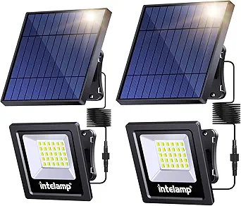 Photo 1 of intelamp 4400mAh Solar Flood Lights, 2 Pack Outdoor Solar Security Light Dusk to Dawn Auto On/Off IP65 Waterproof Solar Powered Lights for Porch, Balcony, Yard, Garage, Barn, Garden