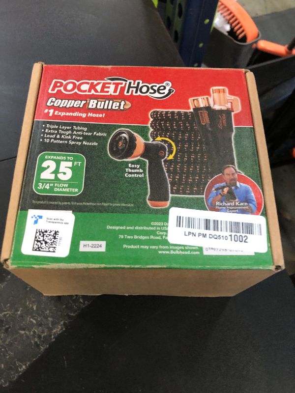 Photo 1 of Pocket Hose Copper Bullet Expandable Garden Hose 25 FT w/10 Pattern Thumb Spray Nozzle AS-SEEN-ON-TV 650psi 3/4 in Patented Lead-Free Ultra-Lightweight Solid Copper Anodized Aluminum Fittings No-Kink