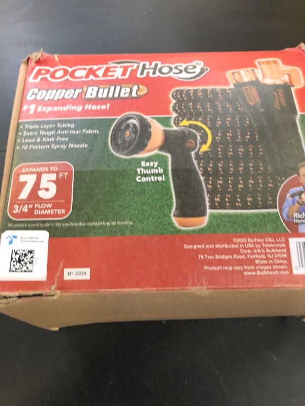 Photo 1 of Pocket Hose Copper Bullet Expandable Garden Hose 75 FT w/10 Pattern Thumb Spray Nozzle AS-SEEN-ON-TV 650psi 3/4 in Patented Lead-Free Ultra-Lightweight Solid Copper Anodized Aluminum Fittings No-Kink