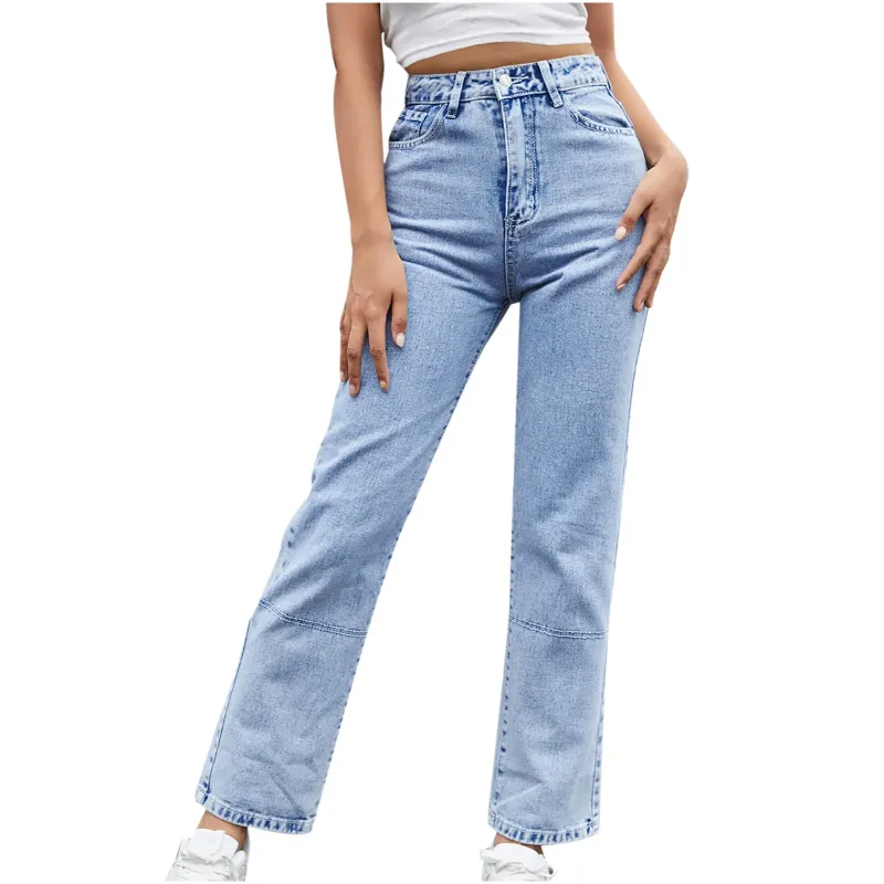 Photo 1 of Bigersell Blue Jeans for Women Jeggings Summer Denim Jeans Ladies Boot Cut Denim Pants Button Closure Light Wash Ripped Low Waisted Jeans Female Loose Mid Waist Long Pants Style J-140 Light Blue L
