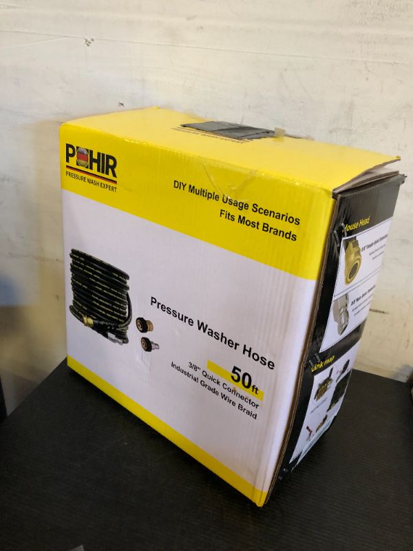 Photo 1 of POHIR Pressure Washer Hose 50 ft with 3/8 Inch Quick Connect, Kink Resistant High Tensile Wire Braided,with 2 pcs M22 14mm Adapter Set, 4200 PSI Power Washer Hose