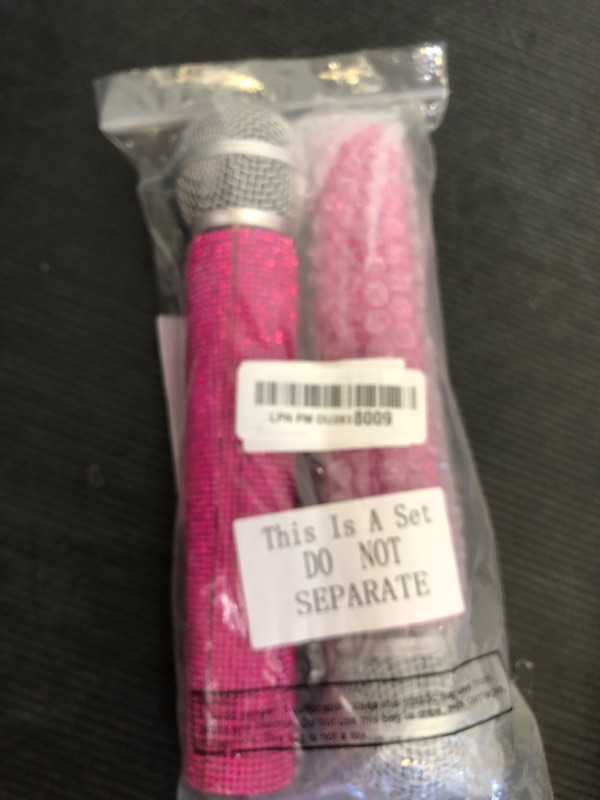 Photo 1 of Threan 2 Pcs Fake Microphone Prop Sparkly Glitter Rhinestone Bedazzled Pretend Plastic Play Microphone Toy Mic for Cosplay Party Costume(Pink)