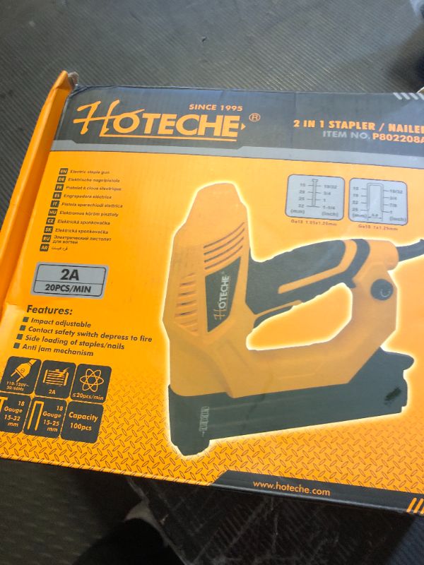 Photo 1 of Hoteche 18GA 2-in-1 Electric Brad Nailer/Stapler 19/32-Inch to 1-1/4 Inch Staple Gun Power Adjustable Nail Gun with 2000Pcs Brad Nails& Staples for Home Upholstery and Woodworking