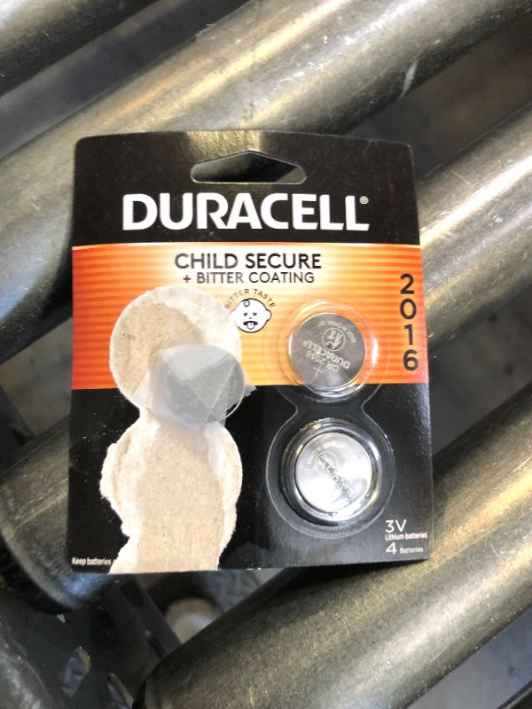 Photo 1 of Duracell 2016 Lithium Battery, 4 Count (Pack of 1), Child Safety Features, Lithium Coin Battery for Key Fob, Car Remote, and other devices CR2016 Lithium 3 Volt (3V) Cell