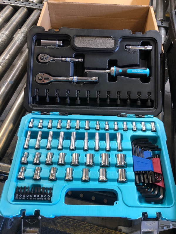 Photo 1 of DURATECH 93 Piece Mechanics Tool Set, SAE/Metric Drive Socket Set(1/4 Inch and 3/8 Inch) with Ratchet handle Spark Plug Magnetic bit driver and Tool Accessories Set