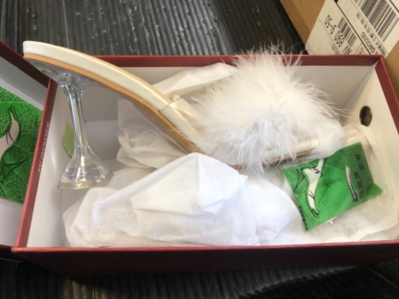 Photo 1 of LIURUIJIA Women's Square Toe Feather High Heels Fur Mules Sandals Fuzzy Fluffy Wedding Bridal Party Dress Shoes White 44 US 10