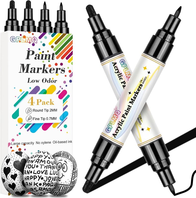 Photo 1 of 4 Pack Dual Tip Acrylic Paint Markers (0.7mm & 3mm), Non-Toxic, Water-Based Black Markers for Art Painting, Stone, Ceramic, Glass, Wood, Fabric, Metal, DIY Crafts