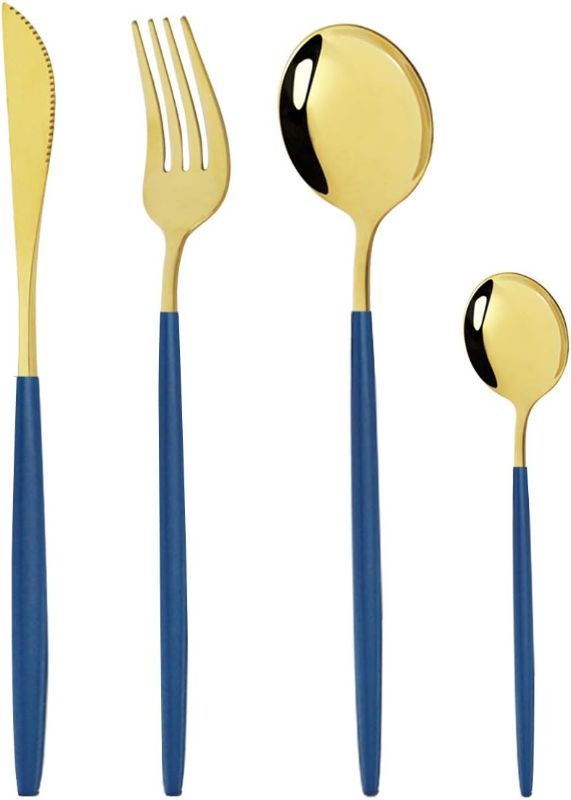 Photo 1 of  Silverware Set - 18/10 Stainless Steel Reusable Utensils Flatware Set, Mirror Cutlery Flatware Set, Great for Family Gatherings & Daily Use (Service For 6, Blue Gold)