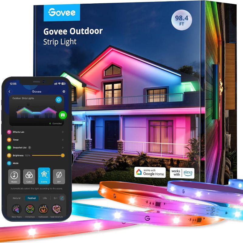 Photo 1 of Govee Outdoor LED Strip Lights, 98.4ft Smart Outdoor Lights Work with Alexa and Google Assistant, App Control, IP65 Waterproof, RGBIC Lights for Patio, Eave, Party Decorations
