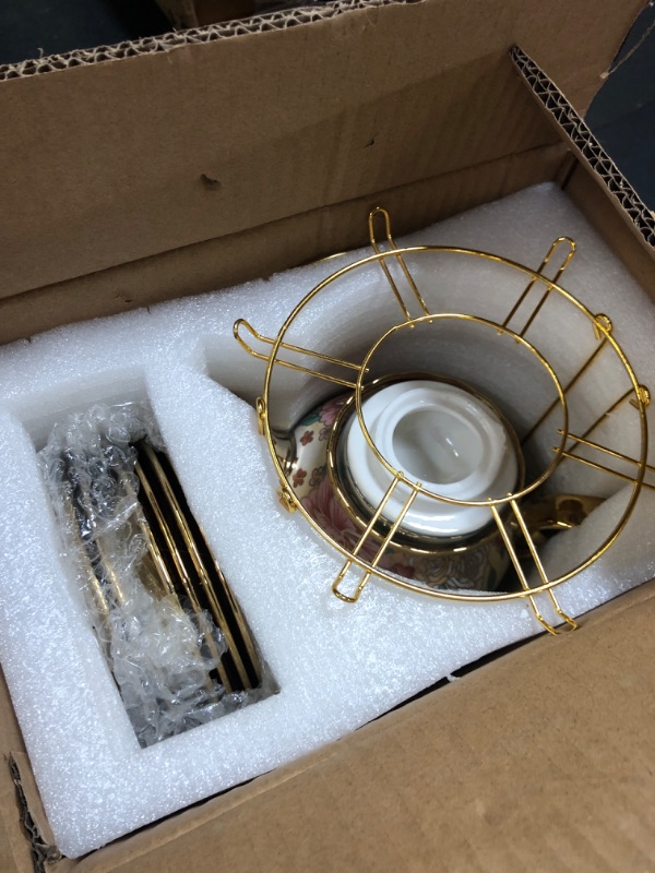 Photo 1 of 20 Pieces European Ceramic Tea Set for Adults With Metal Holder and Flower Painting (Large Cream Version)