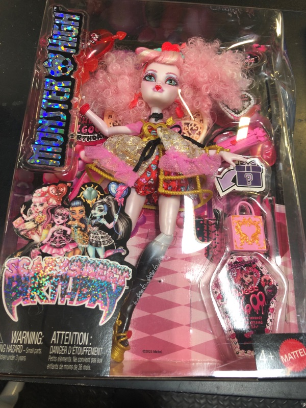 Photo 1 of Monster High Scary Sweet Birthday Doll, Cupid Asteria in Pink and Red Party Dress with Themed Accessories Like Invite, Balloon, Gift and More