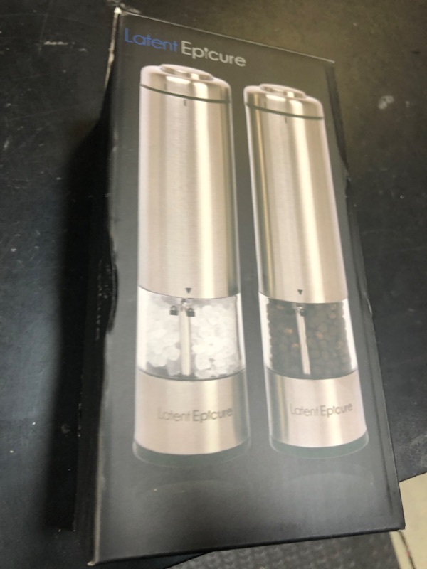 Photo 1 of Latent Epicure Electric Salt and Pepper Grinder Set - Battery Operated, Stainless Steel Shakers with Adjustable Fine & Coarseness, One Handed Operation, LED Light & Complimentary Mill Rest Tray