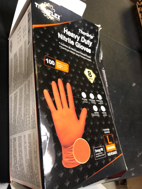 Photo 1 of TitanFlex ThorGrip Heavy Duty Industrial Orange Nitrile Gloves, 8-mil, Gloves Disposable Latex Free with Raised Diamond Texture Grip, Powder Free, Rubber Gloves, Mechanic Gloves,100-ct Box (Large)