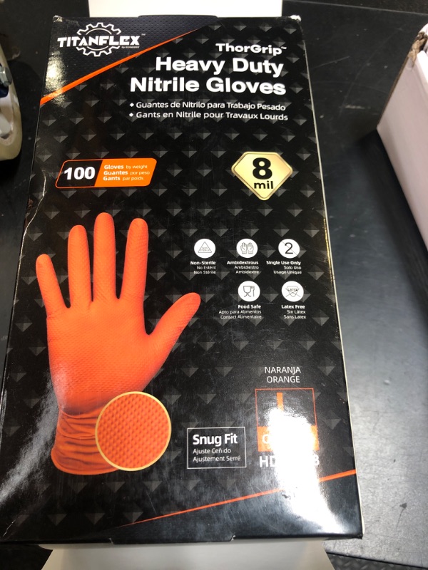Photo 1 of TitanFlex ThorGrip Heavy Duty Industrial Orange Nitrile Gloves, 8-mil, Gloves Disposable Latex Free with Raised Diamond Texture Grip, Powder Free, Rubber Gloves, Mechanic Gloves,100-ct Box (Large)