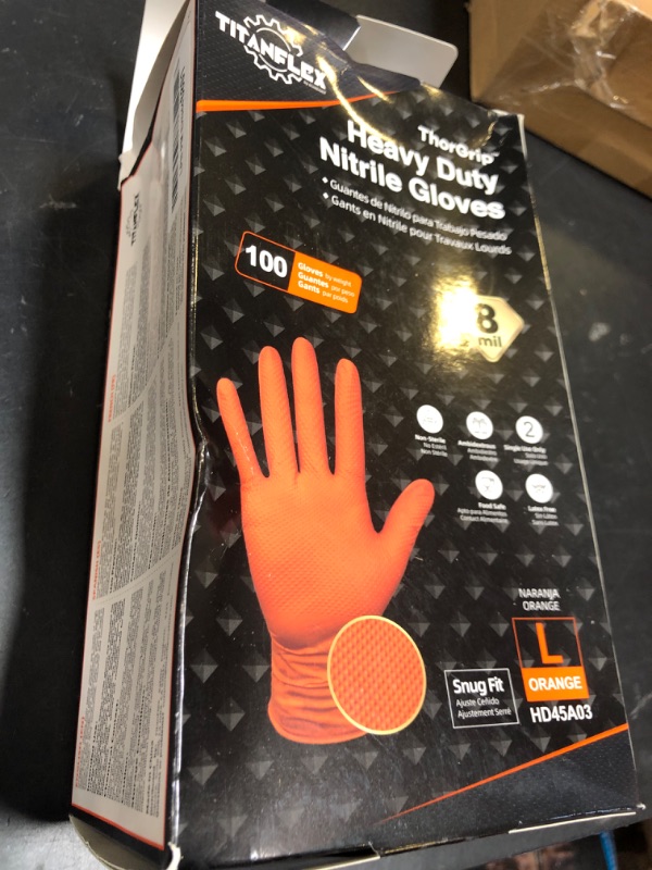Photo 1 of TitanFlex ThorGrip Heavy Duty Industrial Orange Nitrile Gloves, 8-mil, Gloves Disposable Latex Free with Raised Diamond Texture Grip, Powder Free, Rubber Gloves, Mechanic Gloves,100-ct Box (Large)
