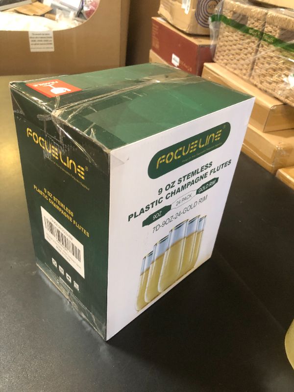 Photo 1 of FOCUSLINE 24 Pack 9 Oz Plastic Stemless Gold Rim Champagne Flutes, Heavy Duty, Shatterproof, Disposable & Reusable Crystal Clear Toasting Glasses
