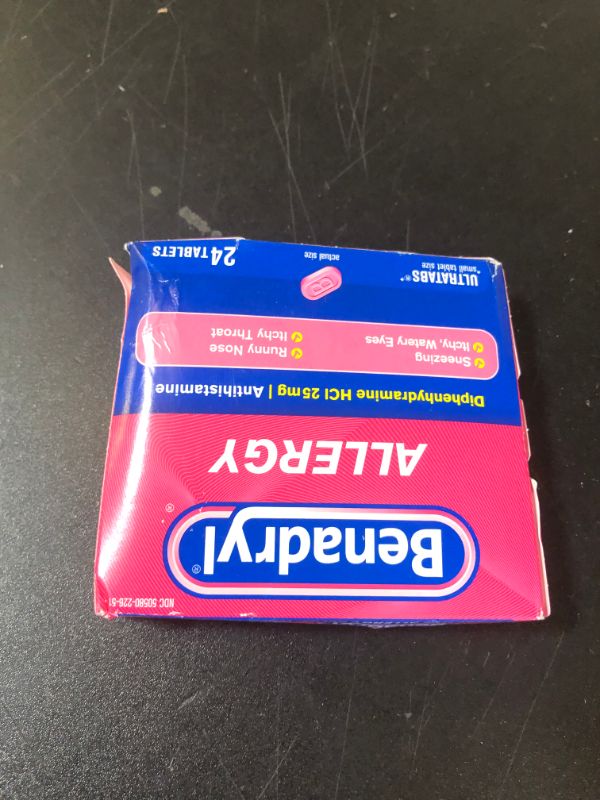 Photo 1 of Benadryl Ultratabs Allergy Relief Medicine, 25 mg Diphenhydramine HCl Antihistamine Tablets For Relief of Cold & Allergy Symptoms Like Sneezing, Runny Nose, & Itchy Eyes & Throat, 24 ct exp 10/2026