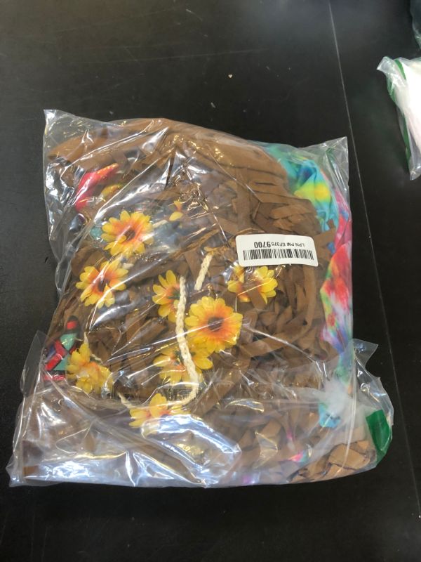 Photo 1 of 7 Pcs Women Hippie Costume Accessories, 60s 70s Costume Outfit Kit, Including Hippie Tie Dye Poncho, Fringe Boot Covers, Peace Sign Necklace, Turquoise Earrings, Sunglasses, Flower Headband