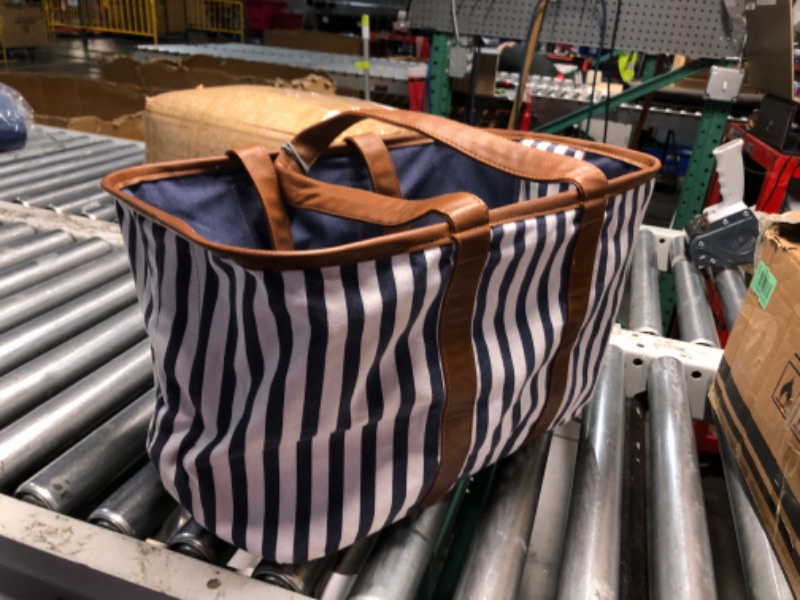 Photo 1 of (USED/FAIR) CleverMade Collapsible LUXE Tote - Navy Striped 1 Pack 30L / 8 Gal - Reusable Grocery Shopping Storage Bag Organizer w/ Handles Reinforced Bottom, 18"L x 11.5"W x 11.25"H