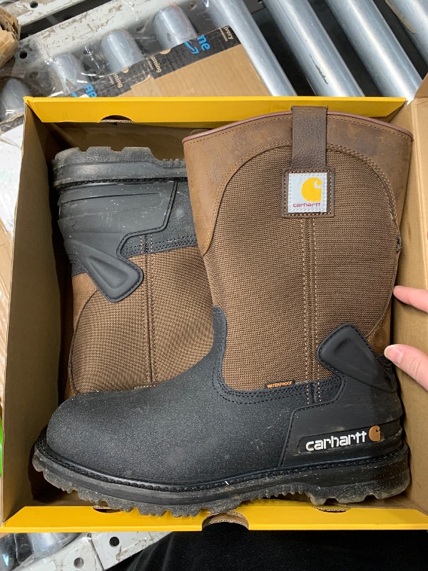 Photo 1 of (SIGNS OF USE) (FAIR) Carhartt Men's Heritage Waterproof Insulated 11" Steel Toe Wellington CMP1259 Mid Calf Boot, Brown/Black Leather, 12