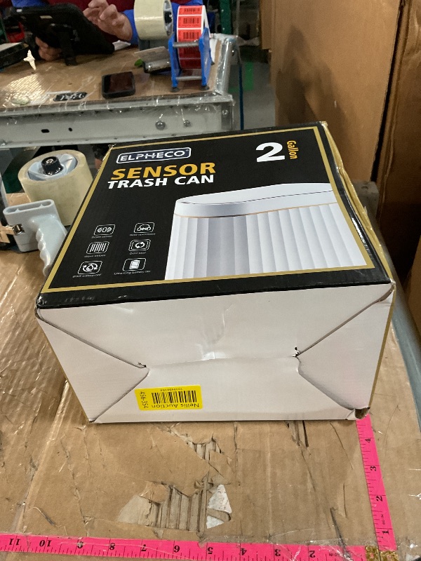 Photo 1 of ELPHECO Automatic Motion Sensor Trash Can - 2 Gallon Slimline for Bathroom, Bedroom, Kitchen, Office - White with Gold Trim