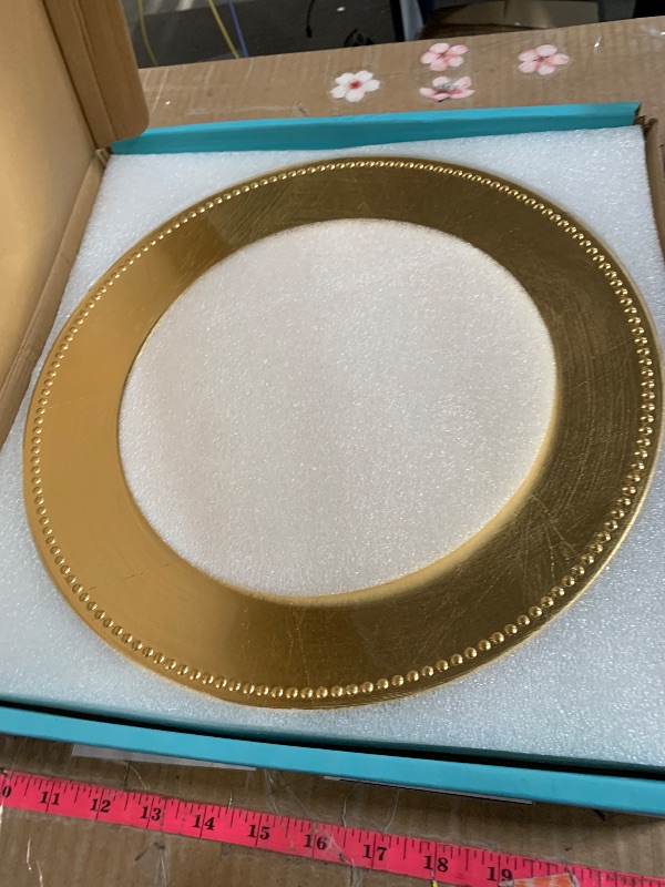 Photo 1 of ***(MAJOR DAMAGE/ SEE NOTES)***
MAONAME Foil Gold Charger Plates with Beaded, 13" Plate Chargers for Dinner Plate, Plastic Round Chargers for Table Setting, Set of 6
