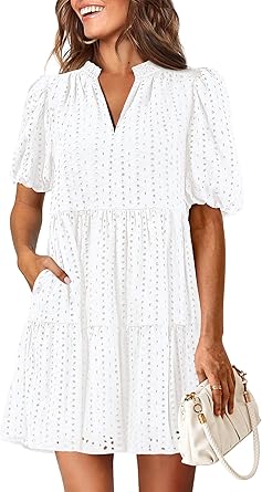 Photo 1 of (stock photo for reference) (see all images) KIRUNDO Eyelet Summer Dresses for Women Mini Casual Hollow Out Short Sleeve Lace Tiered V Neck Shift Dress , Medium WHITE