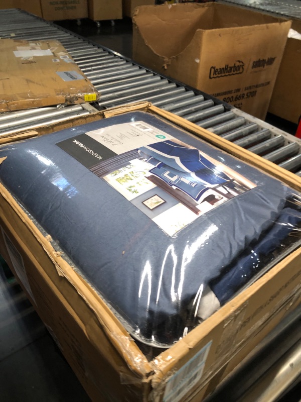 Photo 1 of Madison Park Palmer Comforter Set-Luxury Faux Suede Design, Striped Accent, All Season Down Alternative Bedding, Matching Shams, Decorative Pillow, Bed Skirt, King (104 in x 92 in), Blue 7 Piece