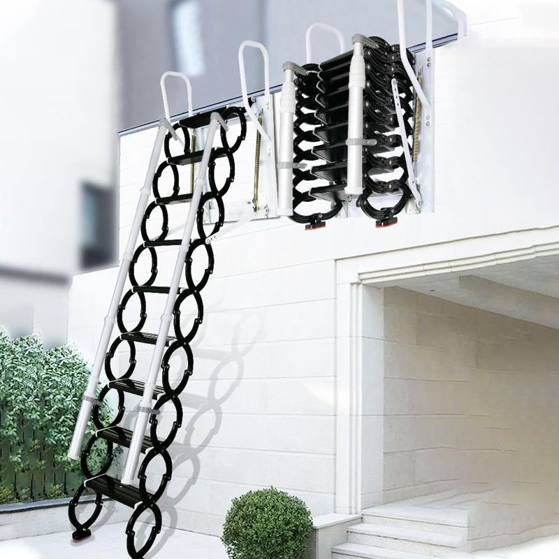 Photo 1 of  Wall-Mounted Folding Stairs, Folding Loft Staircase with Handrails,Telescoping Attic Ladder with Pull Down System, 12 Steps Attic Stairs, Home Indoor Outdoor Attic (Black, 12Steps)