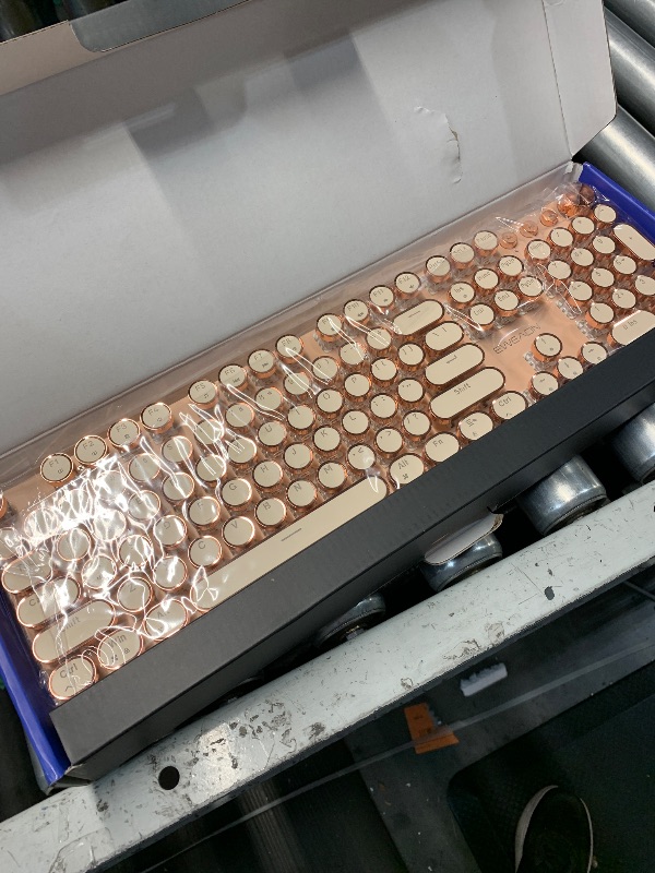 View 2 of TISHLED Typewriter Style Mechanical Gaming Keyboard White LED Backlit 104-Key NKRO Pink Switches Retro Round Keycaps Golden Ring Volume Knob Metal Panel Wired USB-C Detachable Cable, Rose Gold