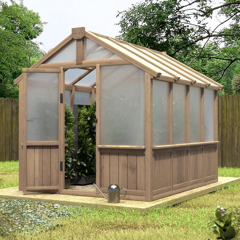 Photo 1 of *** PARTIAL SET, BOX 2 OF 3**** Mupater 6 x 8 Ft Wooden Polycarbonate Greenhouse with Ventilated Window and Lockable Door, Walk-in Greenhouse for Outdoors, Backyard, Brown
