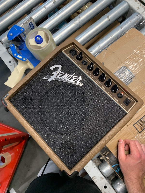Photo 1 of (POWER TESTED) (USED/FAIR) Fender Acoustasonic Guitar Amp for Acoustic Guitar, 15 Watts, with 2-Year Warranty 6 Inch Speaker, Dual Front-Panel inputs, 11.5Hx11.19Wx7.13D Inches, Tan