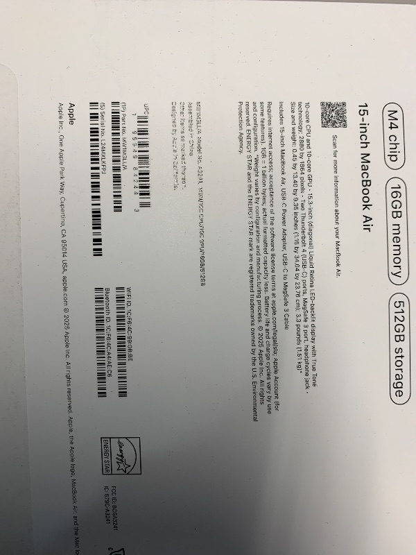 Photo 1 of Apple 2025 MacBook Air 15-inch Laptop with M4 chip: Built for Apple Intelligence, 15.3-inch Liquid Retina Display, 16GB Unified Memory, 512GB SSD Storage, 12MP Center Stage Camera, Touch ID; Midnight