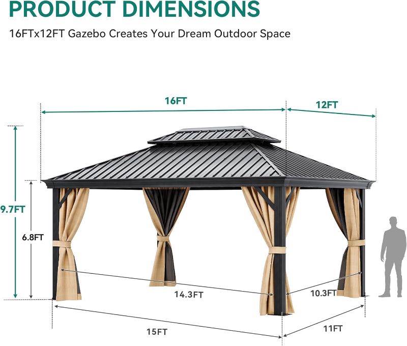 Photo 1 of (PARTIAL SET) (PARTS) (SIGNS OF USE) YITAHOME 10x12FT Gazebo Polycarbonate Hard-Top Double Roof Canopy Outdoor with Netting and Shaded Curtains, Aluminum Frame Polycarbonate Hardtop Garden Tent for Patio, Backyard, Deck and Lawns, Brown