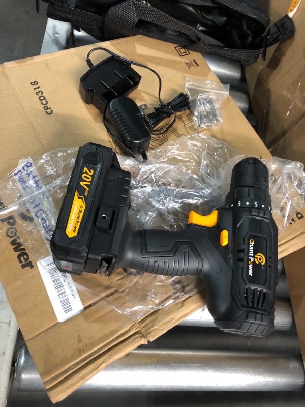 Photo 1 of **NEEDS NEW BATTERY, NOT CHARGING**C P CHANTPOWER Cordless Drill Set, 20V Max Lithium-Ion Battery Powered Drill Driver Kit with 2 Variable Speeds, 16+1 Torque Setting, Tool Bag, Built-in LED for Drilling Wood, Soft Metal, Plastic