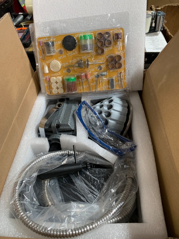 Photo 1 of (MISSING ACCESSORIES) (PARTS) DZQ Flex Shaft Rotary Tool 1000W Hanging Grinding Machine 6.5mm Rotary Carver with 3-Jaw Chuck& Stepless Speed Foot Pedal 30000RPM with Rotating Bur Holder for Carving, Buffing(w/ 77pcs Accs)