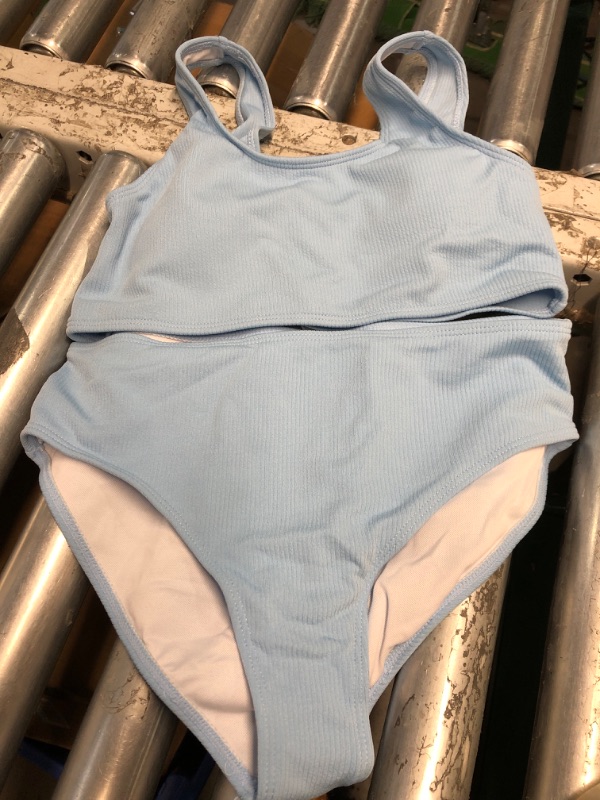 Photo 1 of (see all images) Milumia Girl's 2 Piece Bathing Suit Solid Sport High Waist Bikini Set Swimsuit Light Blue 12 Years