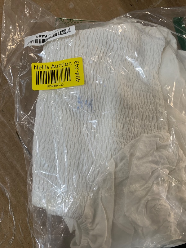 Photo 1 of (SMALL) (BAGGED) (USED/FAIR) ZESICA Women's Boho 2025 Summer Square Neck Puff Sleeve Off Shoulder Smocked Tiered Casual A Line Short Mini Dress,White,Small
