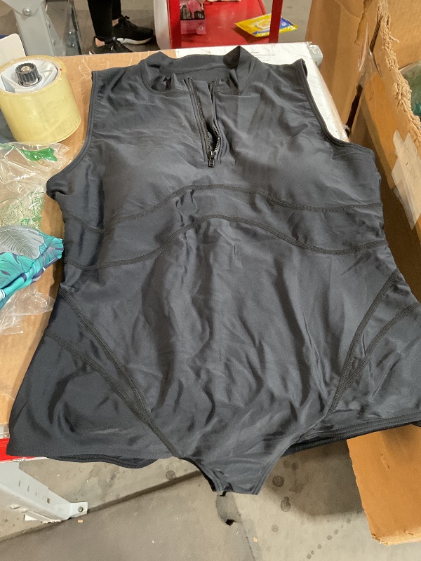 Photo 1 of Women Modest One Piece Bathing Suit Short Sleeve Tummy Control Swimsuit Zipper Surfing Athletic Rash Guard Black, XL with swim cap