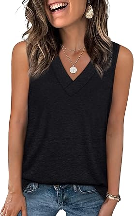 Photo 1 of *STOCK IMAGE FOR REFERENCE*SHIRT IS SOLID BLACK**
Tank Tops for Women Summer V Neck T Shirts Trendy Sleeveless Basic Tee Loose Fit, MEDIUM