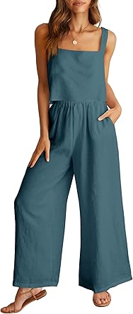 Photo 1 of Women's 2 Piece Outfits Linen Pants Jumpsuit Matching Lounge Set Casual Summer Beach Vacation Trendy Clothes, MEDIUM