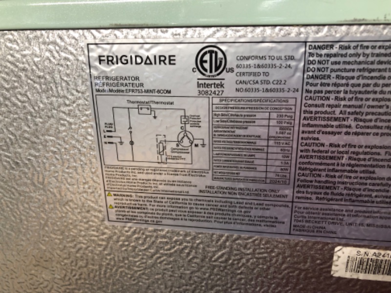 Photo 1 of ***PARTS ONLY***Frigidaire EFR753 Retro Apartment Size Refrigerator with Top Freezer - 2 Door Fridge with 7.5 Cu Ft of Storage Capacity, Adjustable Spill-Proof Shelves, Door & Crisper Bins, Mint