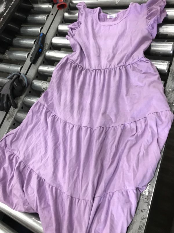 Photo 1 of Arshiner Teen Girls Dress Summer Short Sleeve Tiered Swing Pleated Midi Cotton Casual Sundress with Pockets Lilac 13-14 Years
