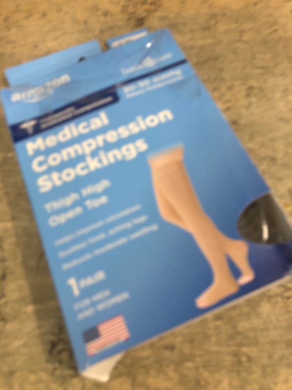 Photo 1 of Amazon Basic Care Medical Compression Stockings, 20-30 mmHg Support, Women & Men Thigh Length Hose, Open Toe, Beige, Medium (Previously NuVein)