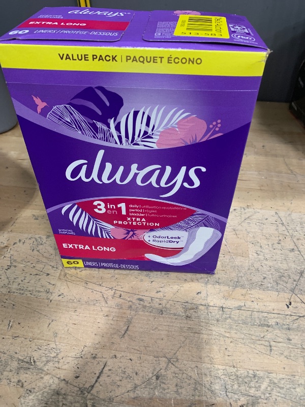 Photo 1 of Always Daily Extra Protect Liners, Extra Long Length, Scented Panty Liners, Feel Clean and Comfortable for up to 10 Hours, 60 Count (Packaging May Vary)