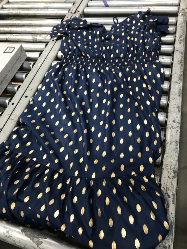 Photo 1 of 2023 Summer Midi Dress Polka Dot V Neck Ruffle Sleeve Elastic Waist A-Line Flowy Split Tiered Wedding Guest Dress Navy Blue 2XL